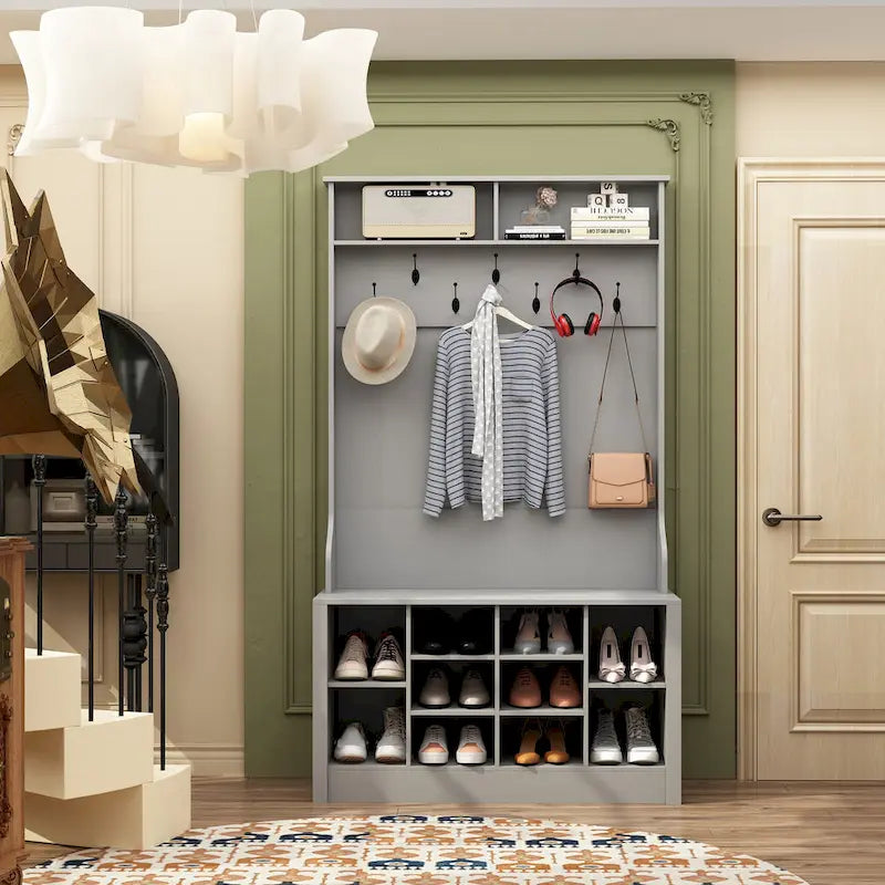Portemanteau de 174 cm avec patères, banc à chaussures et compartiments de rangement