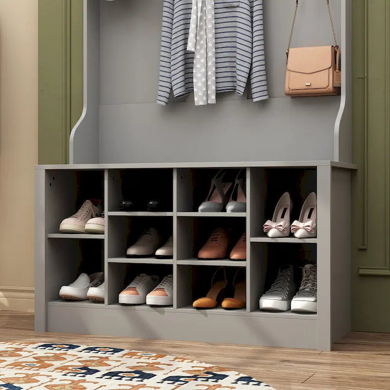 Portemanteau de 174 cm avec patères, banc à chaussures et compartiments de rangement