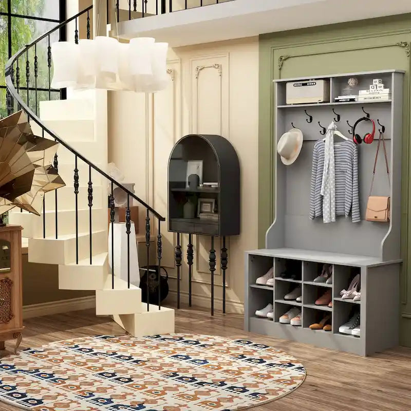 Portemanteau de 174 cm avec patères, banc à chaussures et compartiments de rangement