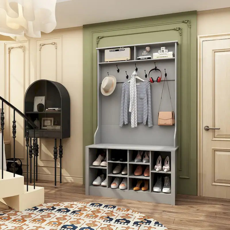 Portemanteau de 174 cm avec patères, banc à chaussures et compartiments de rangement