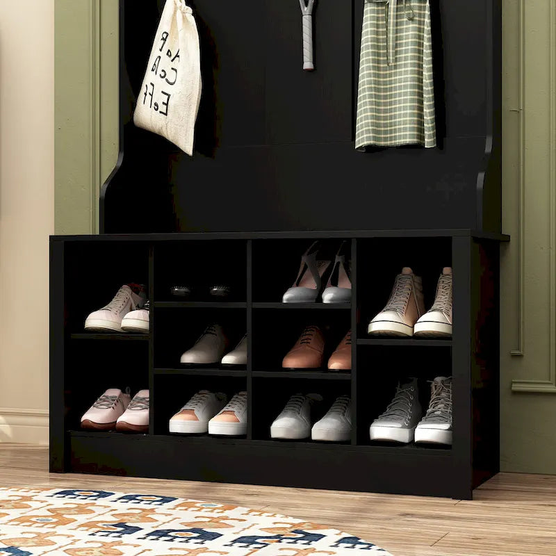 Portemanteau de 174 cm avec patères, banc à chaussures et compartiments de rangement