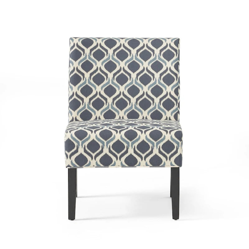 Fauteuil d'appoint crapaud capitonné bas — Tissu à motif géométrique et pieds coniques noirs mats