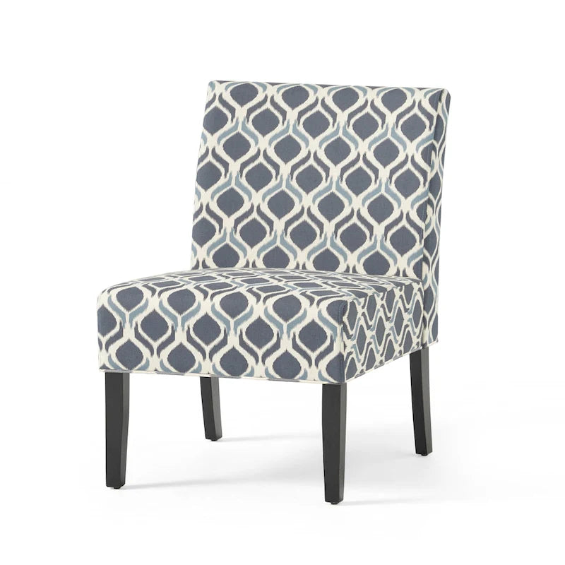 Fauteuil d'appoint crapaud capitonné bas — Tissu à motif géométrique et pieds coniques noirs mats