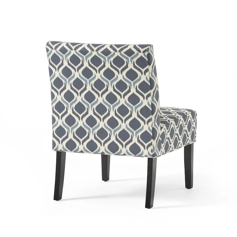 Fauteuil d'appoint crapaud capitonné bas — Tissu à motif géométrique et pieds coniques noirs mats