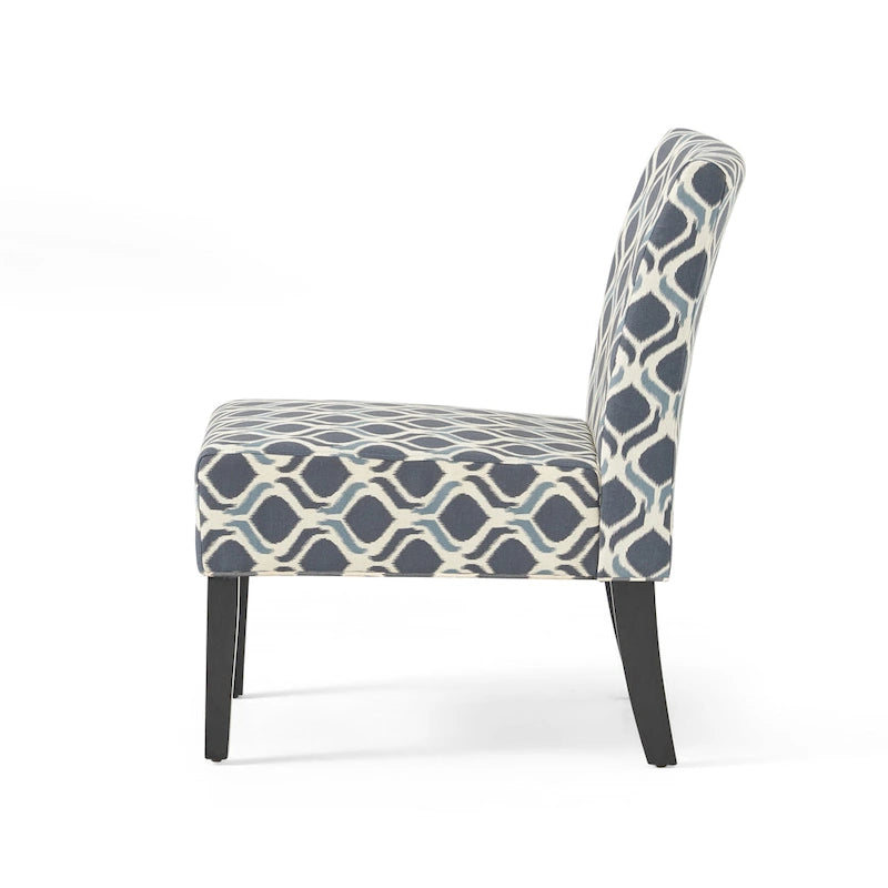 Fauteuil d'appoint crapaud capitonné bas — Tissu à motif géométrique et pieds coniques noirs mats