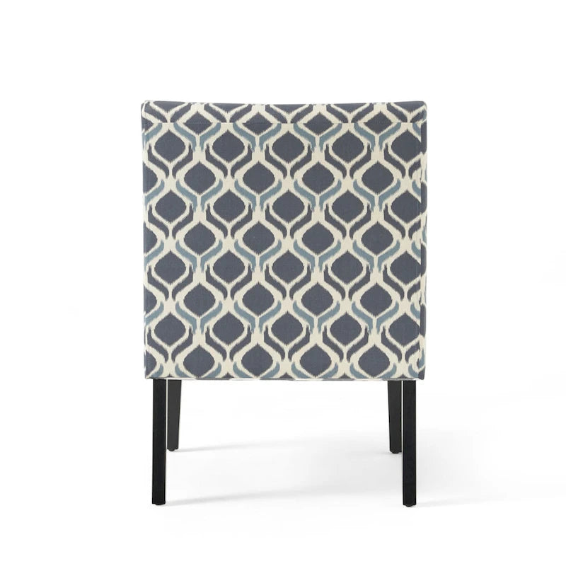 Fauteuil d'appoint crapaud capitonné bas — Tissu à motif géométrique et pieds coniques noirs mats