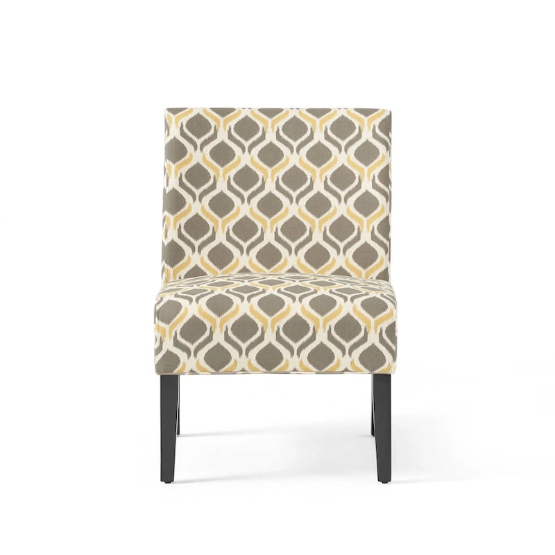 Fauteuil d'appoint crapaud capitonné bas — Tissu à motif géométrique et pieds coniques noirs mats
