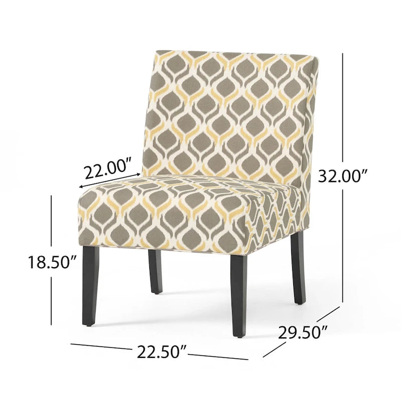 Fauteuil d'appoint crapaud capitonné bas — Tissu à motif géométrique et pieds coniques noirs mats