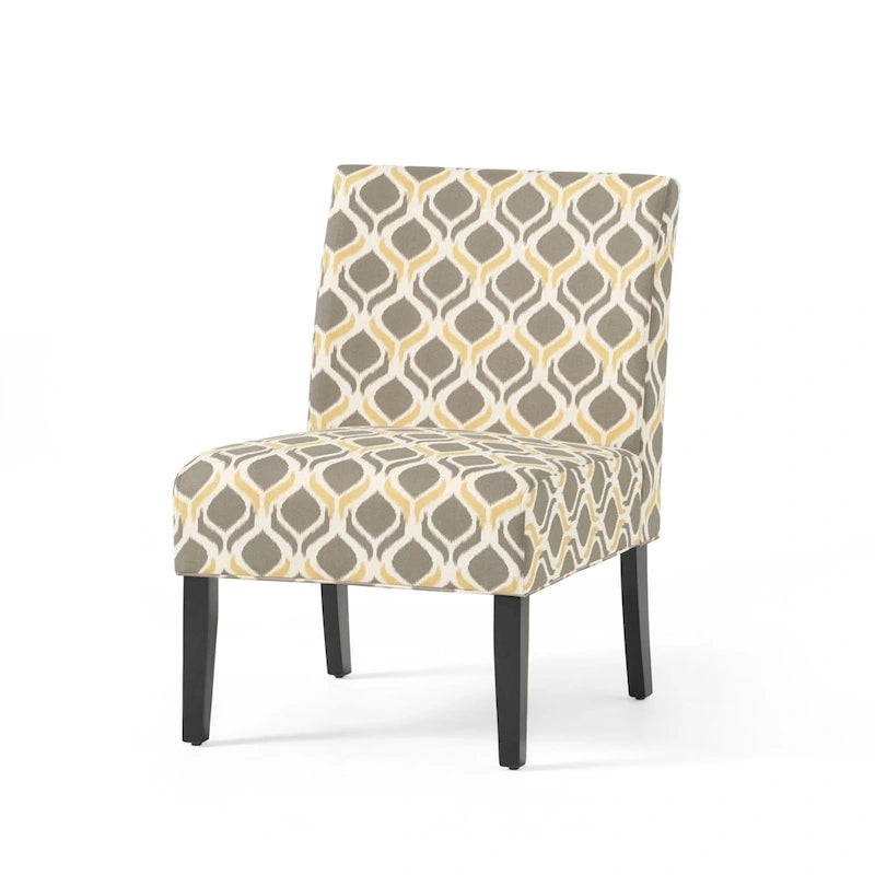 Fauteuil d'appoint crapaud capitonné bas — Tissu à motif géométrique et pieds coniques noirs mats
