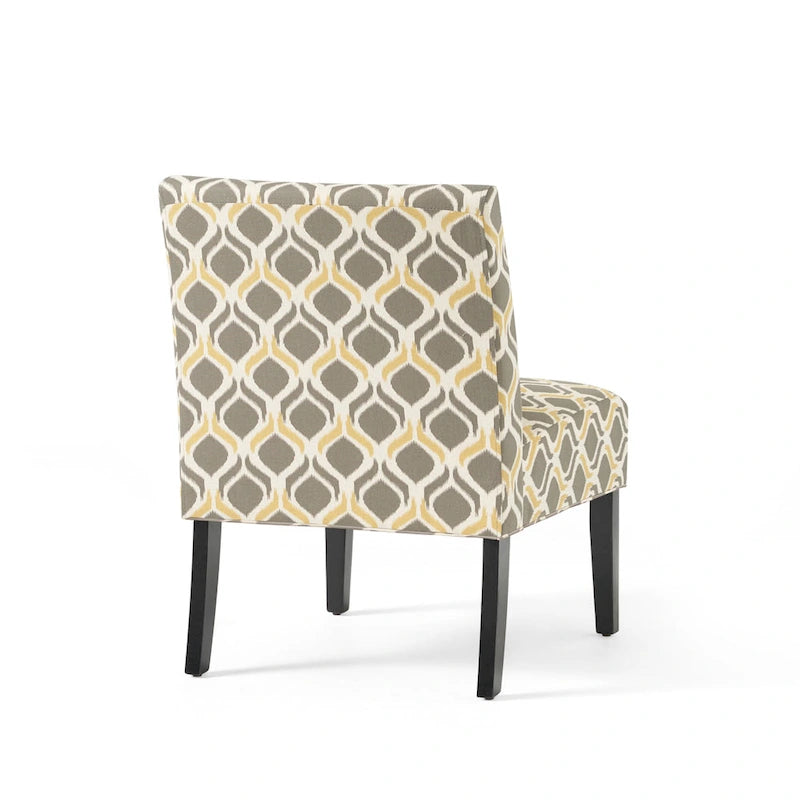 Fauteuil d'appoint crapaud capitonné bas — Tissu à motif géométrique et pieds coniques noirs mats