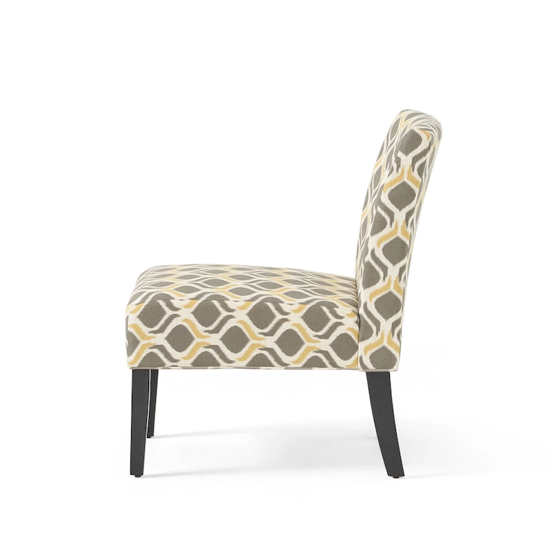 Fauteuil d'appoint crapaud capitonné bas — Tissu à motif géométrique et pieds coniques noirs mats