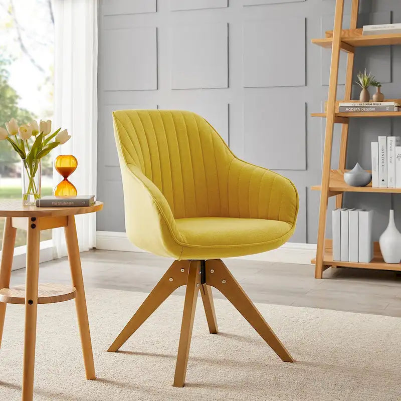 Fauteuil d'appoint pivotant classique avec pieds en bois et dossier matelassé
