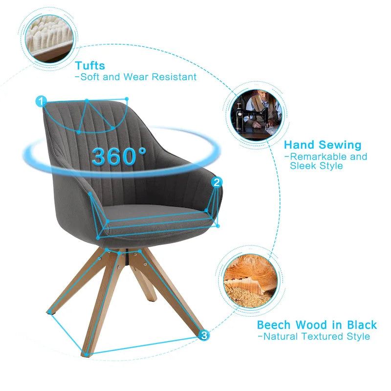 Fauteuil d'appoint pivotant classique avec pieds en bois et dossier matelassé