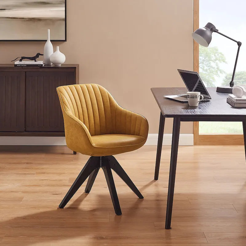 Fauteuil d'appoint pivotant classique avec pieds en bois et dossier matelassé