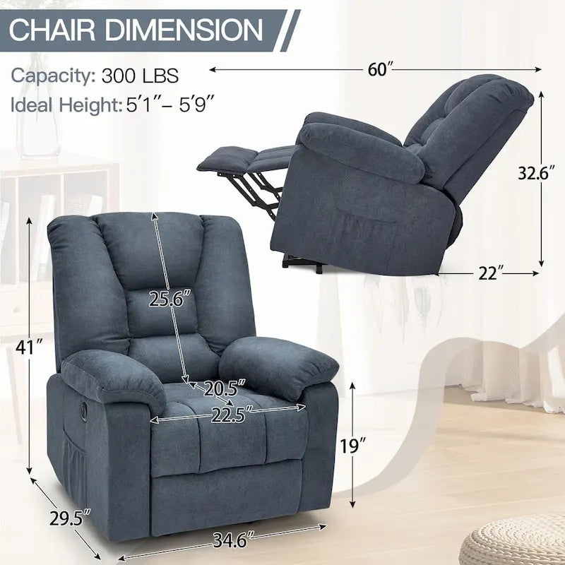 Fauteuil inclinable releveur avec massage, port de chargement USB et porte-gobelet