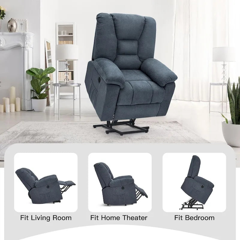 Fauteuil inclinable releveur avec massage, port de chargement USB et porte-gobelet