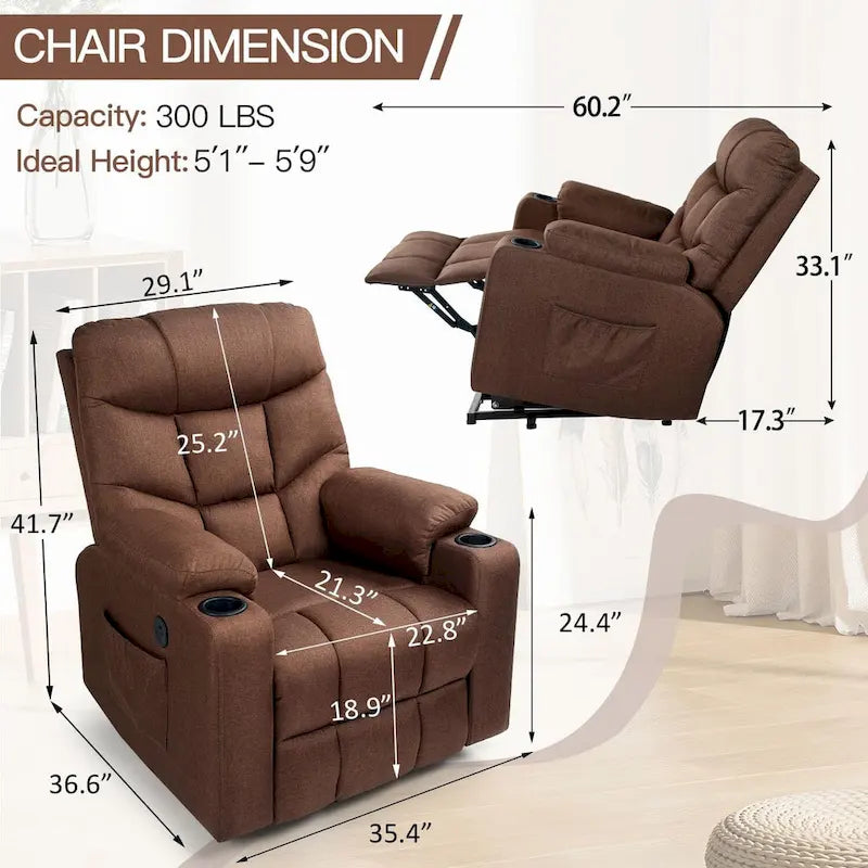 Fauteuil inclinable releveur avec massage, port de chargement USB et porte-gobelet