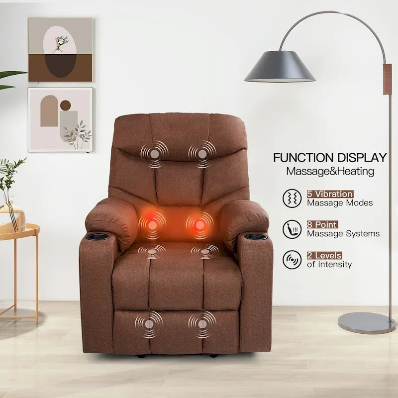 Fauteuil inclinable releveur avec massage, port de chargement USB et porte-gobelet