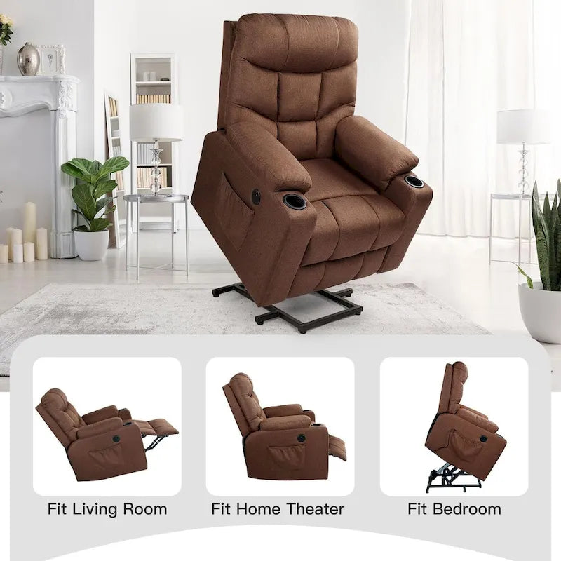 Fauteuil inclinable releveur avec massage, port de chargement USB et porte-gobelet