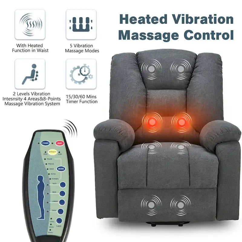 Fauteuil inclinable releveur avec massage, port de chargement USB et porte-gobelet
