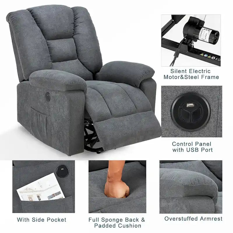 Fauteuil inclinable releveur avec massage, port de chargement USB et porte-gobelet