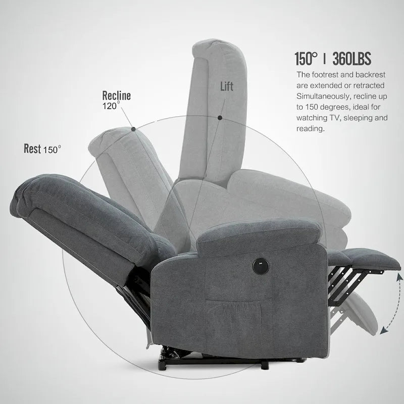 Fauteuil inclinable releveur avec massage, port de chargement USB et porte-gobelet