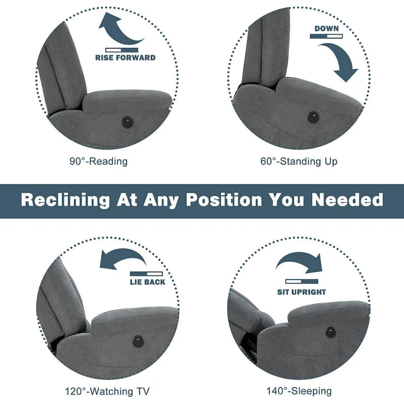 Fauteuil inclinable releveur avec massage, port de chargement USB et porte-gobelet