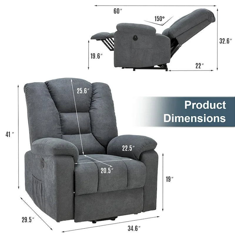 Fauteuil inclinable releveur avec massage, port de chargement USB et porte-gobelet