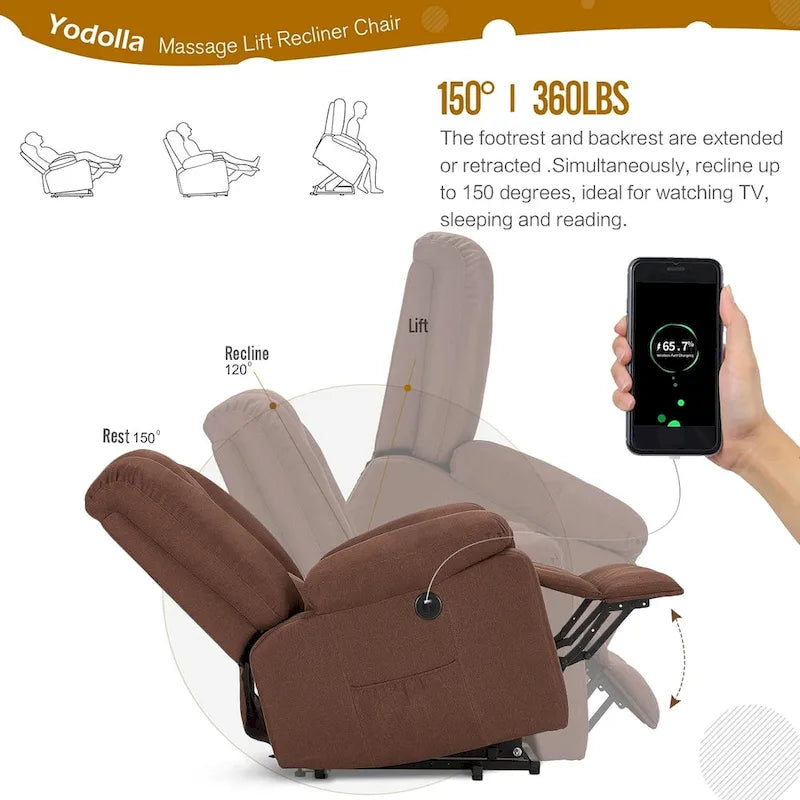 Fauteuil inclinable releveur avec massage, port de chargement USB et porte-gobelet
