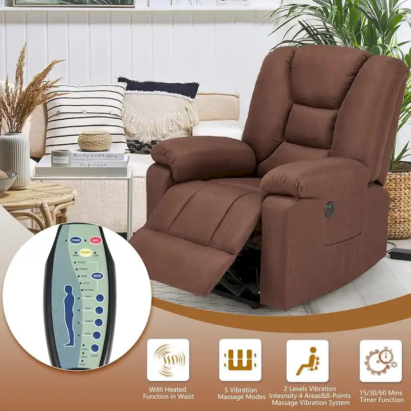 Fauteuil inclinable releveur avec massage, port de chargement USB et porte-gobelet