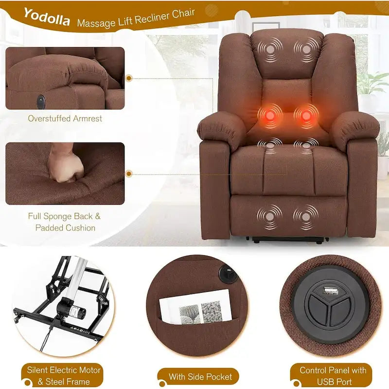 Fauteuil inclinable releveur avec massage, port de chargement USB et porte-gobelet