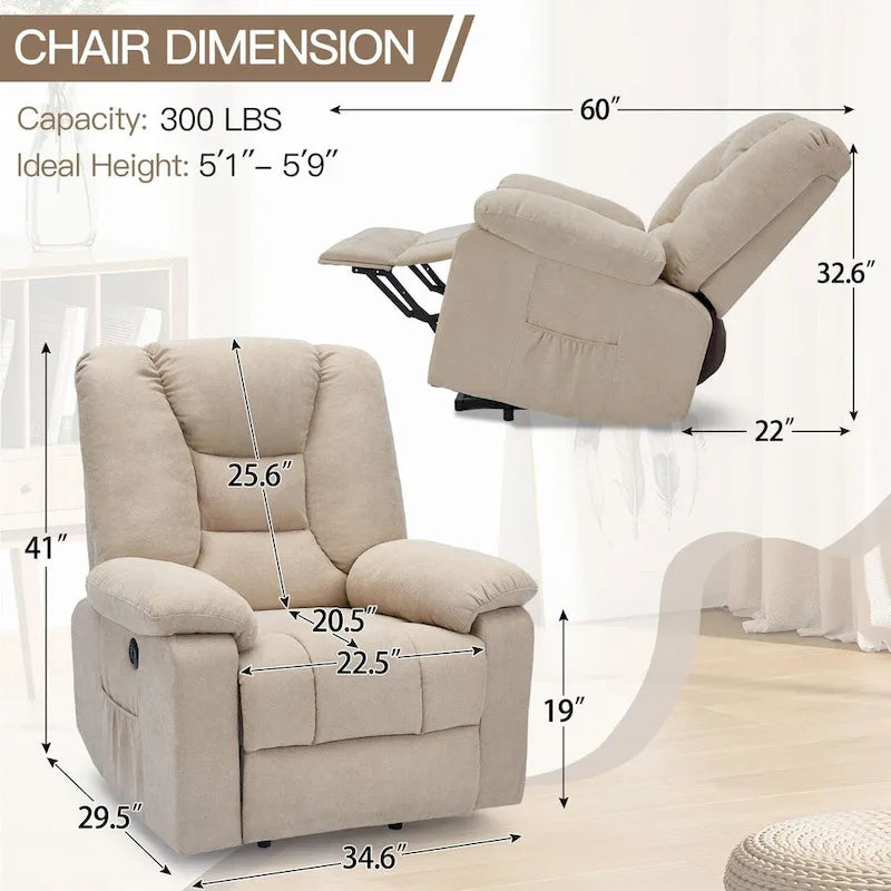 Fauteuil inclinable releveur avec massage, port de chargement USB et porte-gobelet
