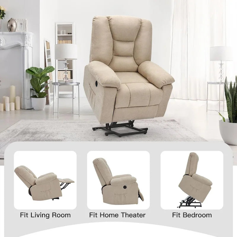 Fauteuil inclinable releveur avec massage, port de chargement USB et porte-gobelet