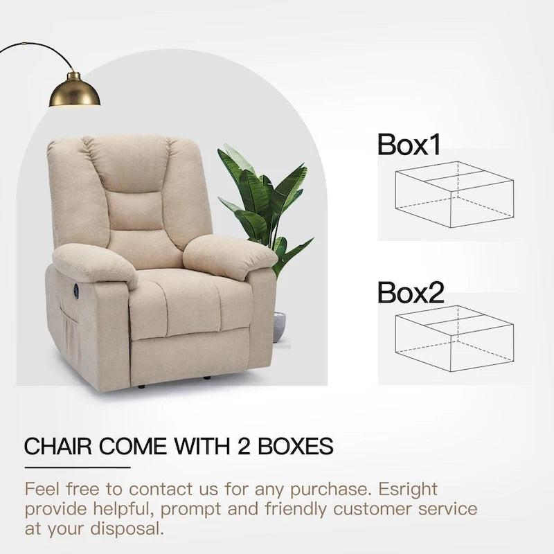 Fauteuil inclinable releveur avec massage, port de chargement USB et porte-gobelet