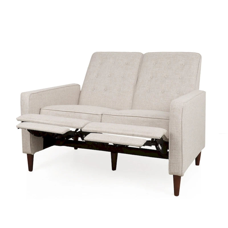 Causeuse rembourrée inclinable à dossier basculant — capitonnée, surpiqûres gaufrées et pieds en bois de hêtre