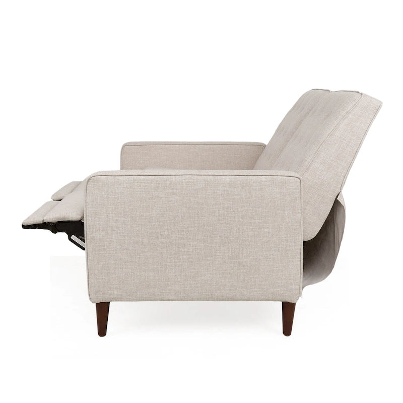 Causeuse rembourrée inclinable à dossier basculant — capitonnée, surpiqûres gaufrées et pieds en bois de hêtre