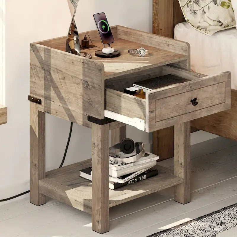 Table d'appoint de ferme avec station de recharge intégrée – Ports USB, prises de courant et tiroir de rangement