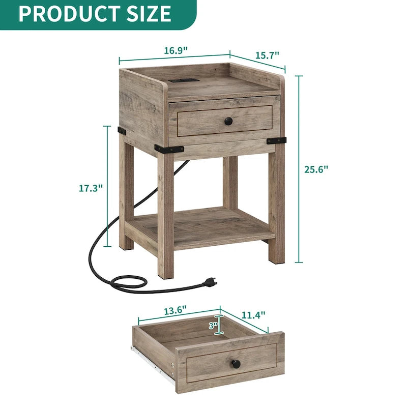 Table d'appoint de ferme avec station de recharge intégrée – Ports USB, prises de courant et tiroir de rangement