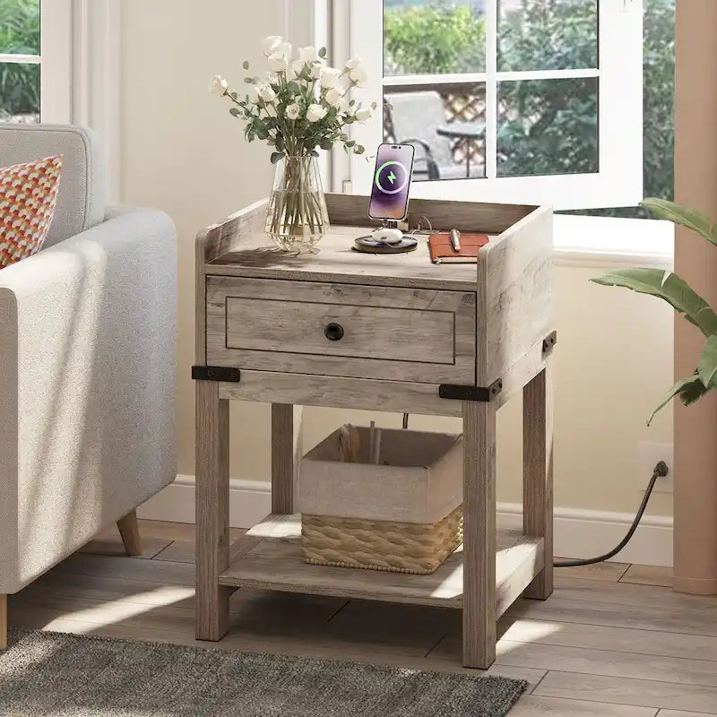 Table d'appoint de ferme avec station de recharge intégrée – Ports USB, prises de courant et tiroir de rangement