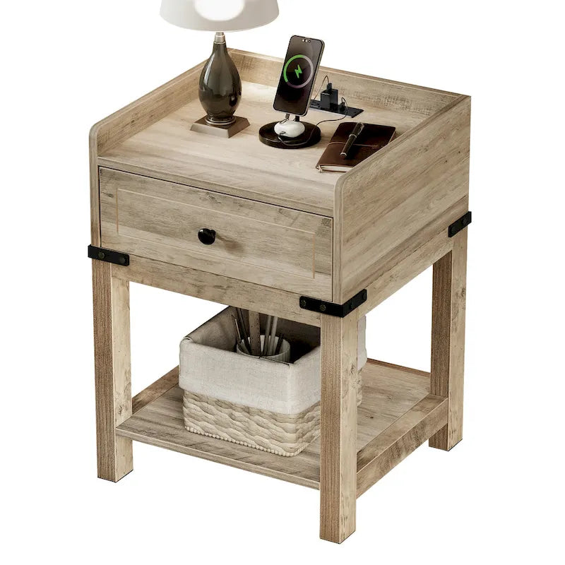 Table d'appoint de ferme avec station de recharge intégrée – Ports USB, prises de courant et tiroir de rangement