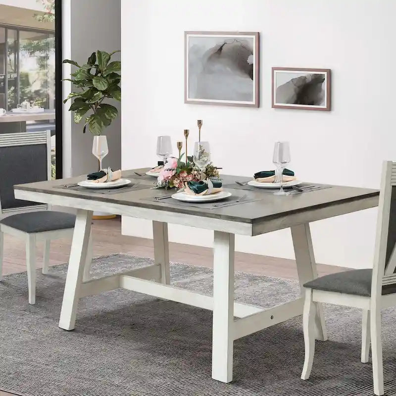 Table à manger rectangulaire de 164 cm avec finition vieillie blanc cassé et bois naturel