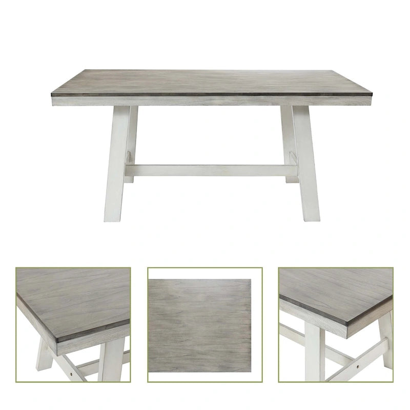 Table à manger rectangulaire de 164 cm avec finition vieillie blanc cassé et bois naturel