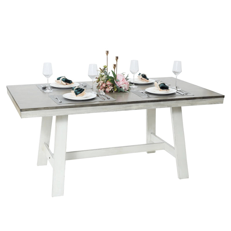 Table à manger rectangulaire de 164 cm avec finition vieillie blanc cassé et bois naturel