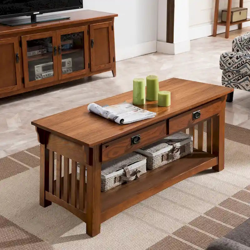 Table basse en bois massif avec deux tiroirs et côtés à lattes