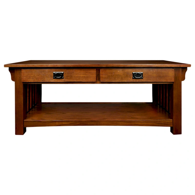 Table basse en bois massif avec deux tiroirs et côtés à lattes