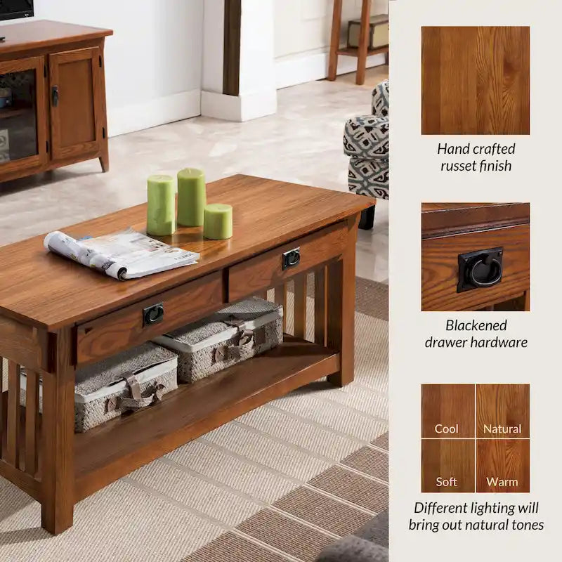 Table basse en bois massif avec deux tiroirs et côtés à lattes