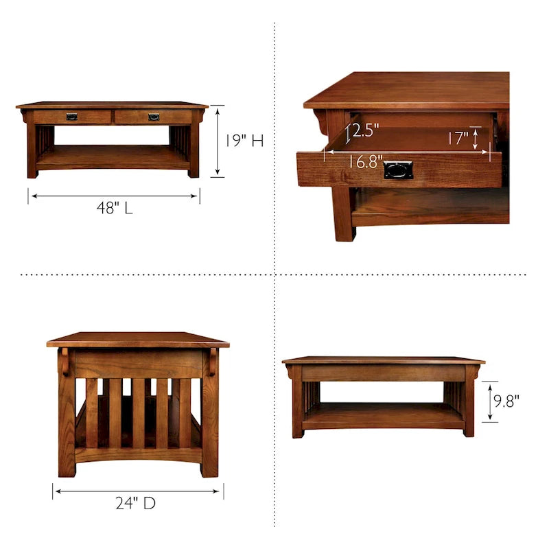 Table basse en bois massif avec deux tiroirs et côtés à lattes