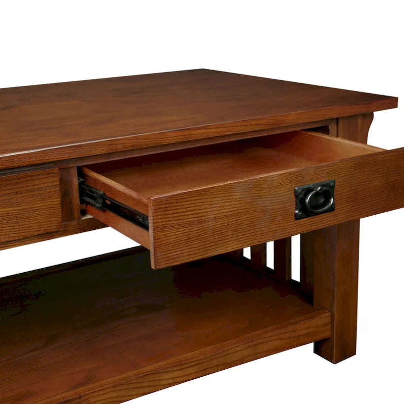 Table basse en bois massif avec deux tiroirs et côtés à lattes