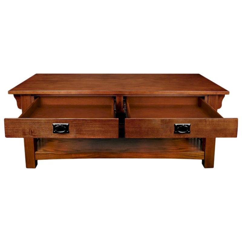 Table basse en bois massif avec deux tiroirs et côtés à lattes