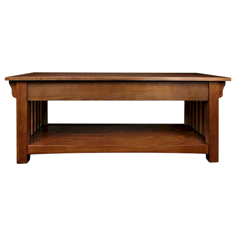 Table basse en bois massif avec deux tiroirs et côtés à lattes